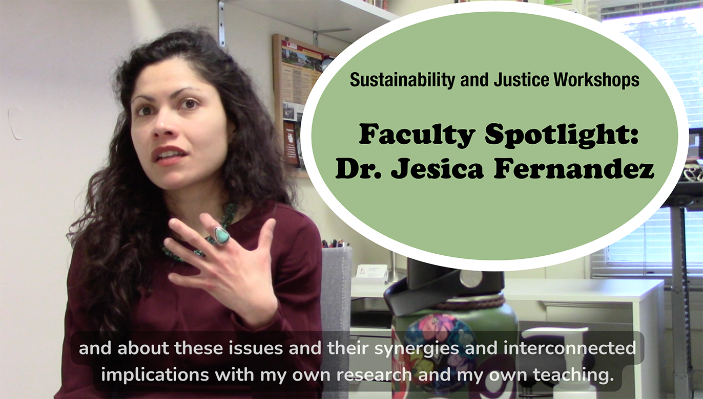 Jesica Fernandez speaking with the text Sustainability and Justice Workshops Faculty Spotlight Dr. Jesica Fernandez image link to story